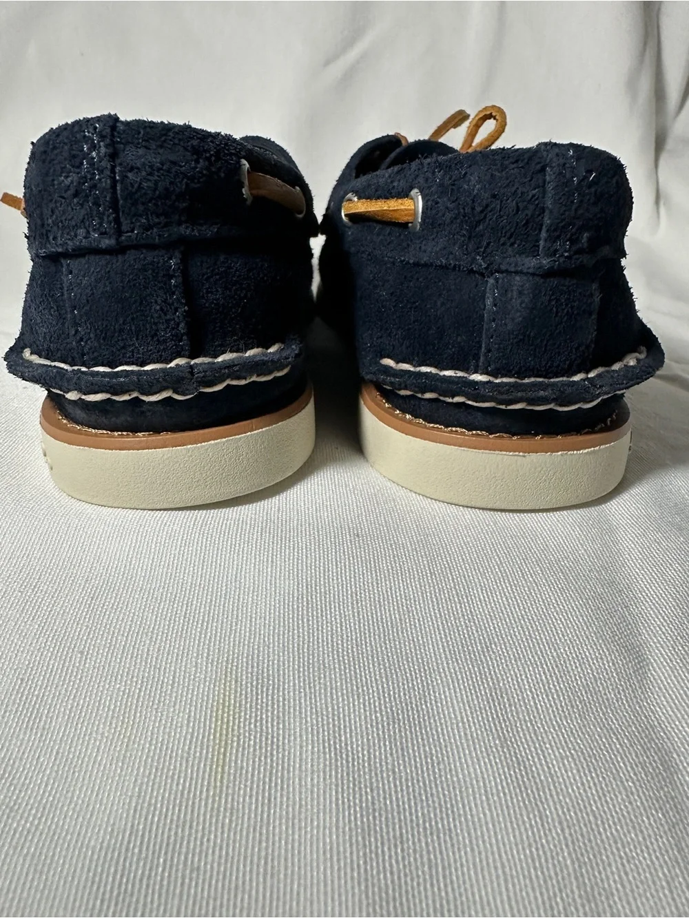 Sperry Navy Suede Boat Shoes with Tan Laces